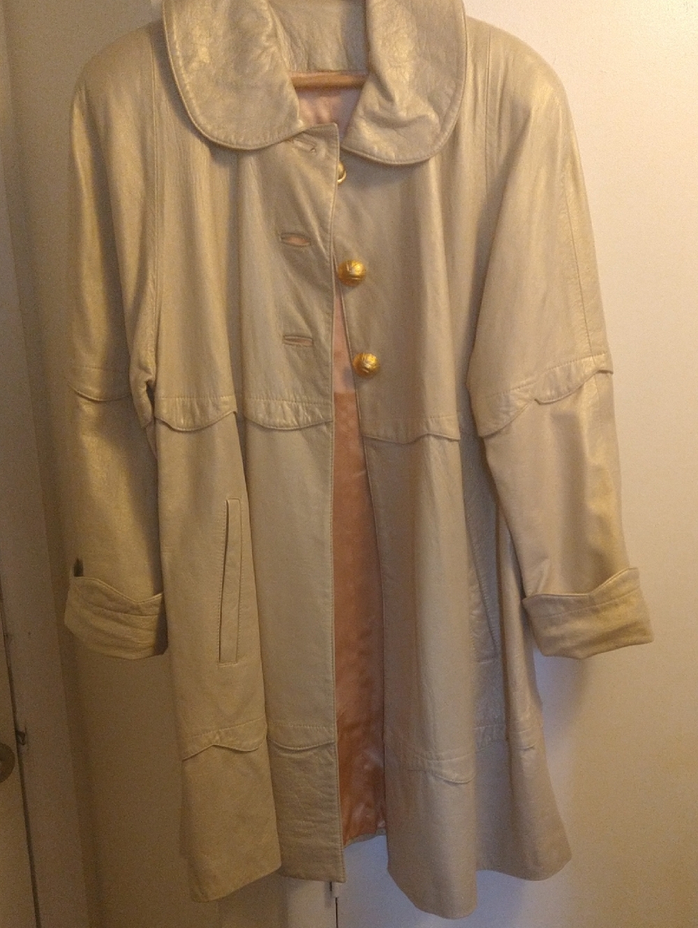 Women's All Leather Cream Trench Coat with Gold Buttons